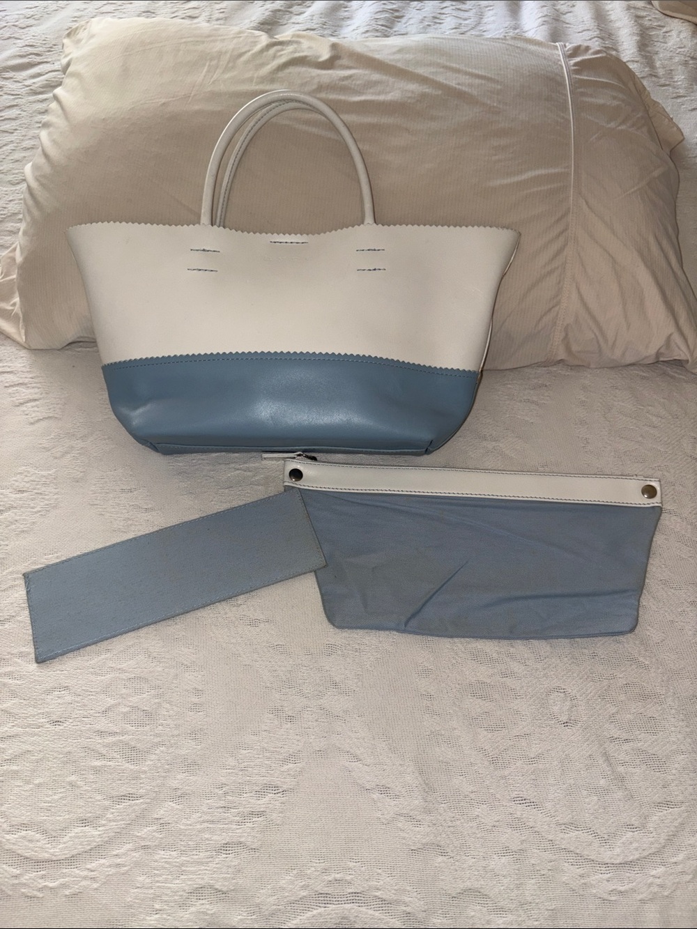 Vintage HYPE White & Light Blue Two-Tone Leather Tote Bag EUC